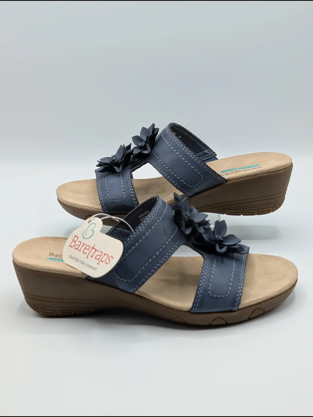 Baretraps Women's Sandals 8 Blue Floral Slip-On Highland Wedge